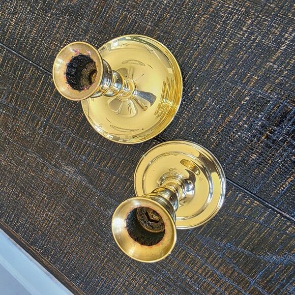 2 Polished Brass Elegant Gold Taper Candlestick Holders Sz 4.5' & 5' Short - Picture 2 of 12